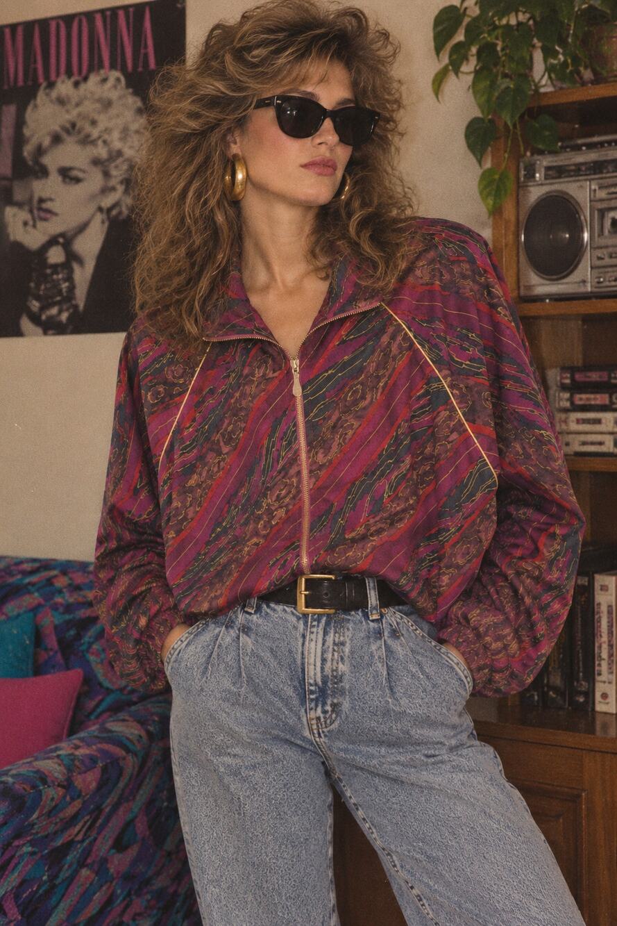 Vintage 80s 90s Teddi Abstract Track Jacket Windbreaker Gold Piping Women's 2X